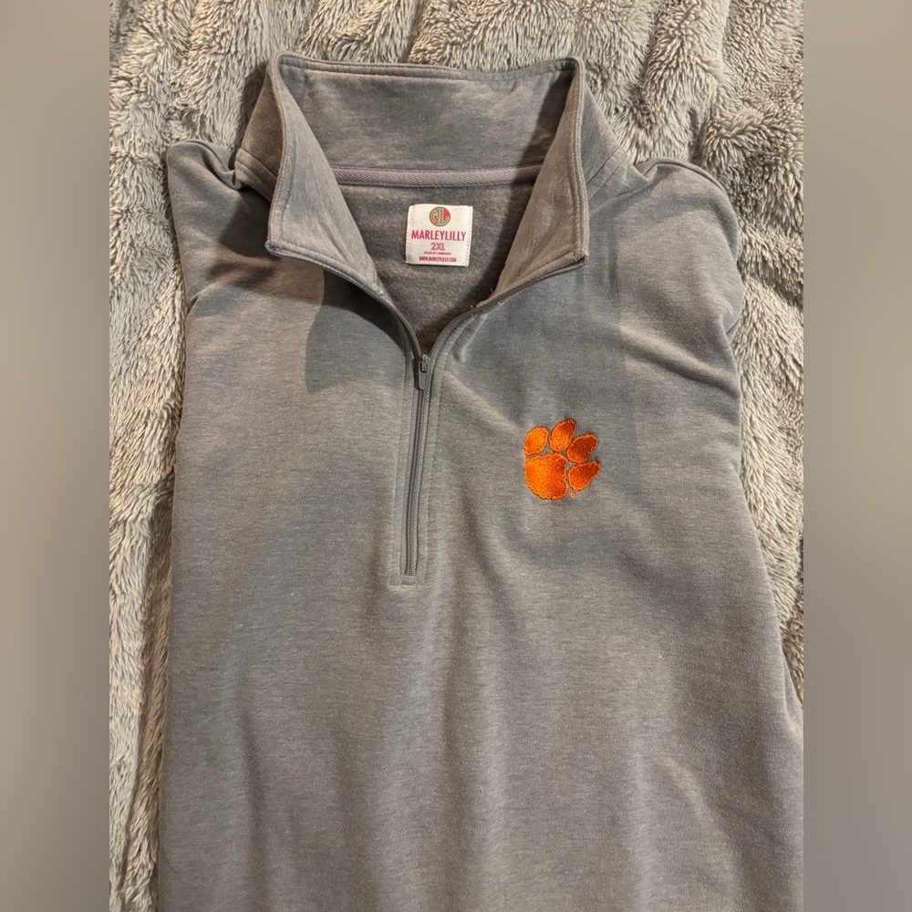 Marleylilly Gray Quarter-Zip Pullover with Orange Paw